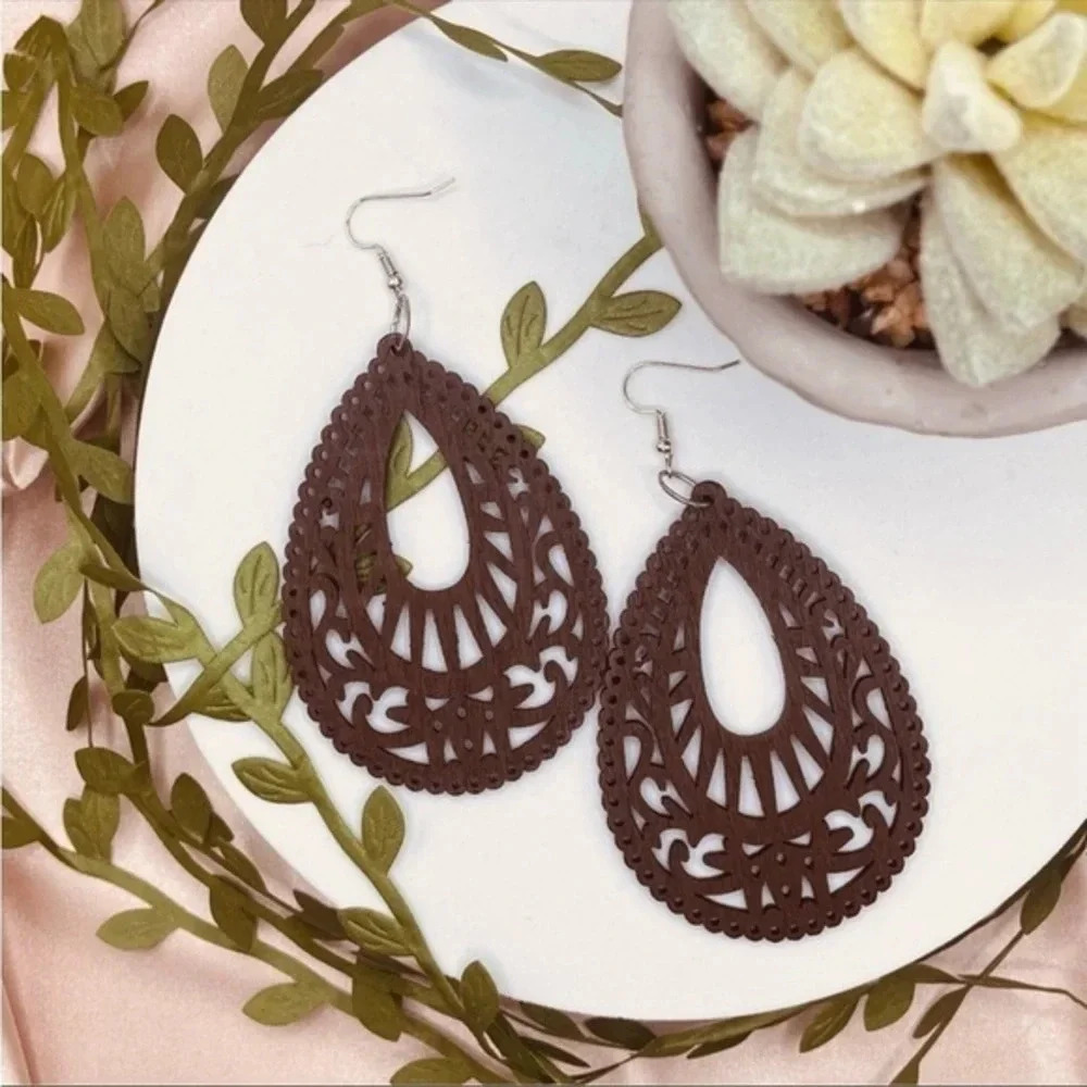 Boho Wooden Teardrop Earrings | Lightweight Statement Dangle Jewelry